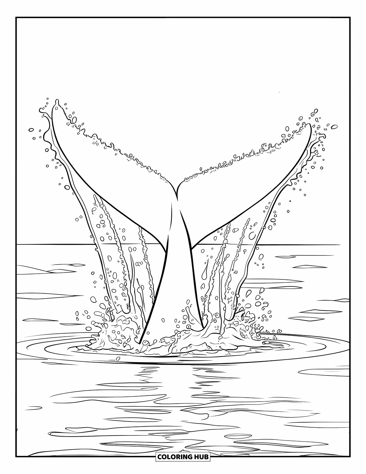 Whale Coloring Page for Kids: A majestic whale tail splashes high above the water, droplets scattering in every direction