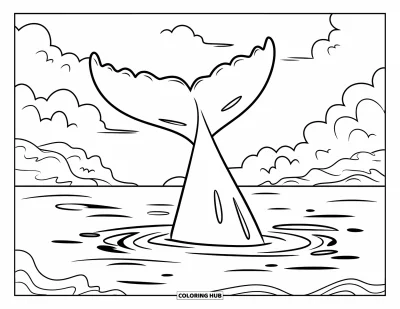 Coloriage de baleine pour enfants : Une queue de baleine massive éclabousse dans la mer, les vagues déferlant tandis que les nuages ​​dérivent au-dessus