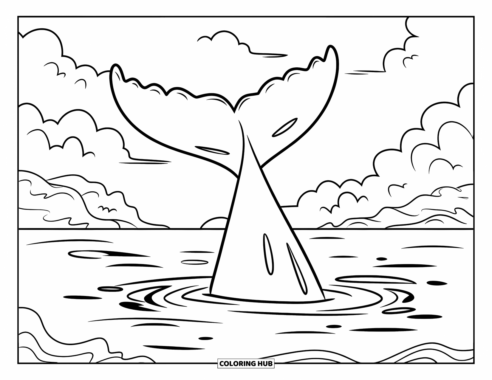 Whale Coloring Page for Kids: A massive whale tail splashes in the sea, waves rolling as clouds drift above