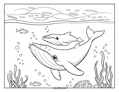 Coloriage de baleine pour enfants : Une mère et son bébé baleine nagent côte à côte, entourés de poissons et d'algues se balançant