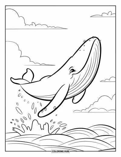 Coloriage de baleine pour enfants : Une baleine espiègle bondit hors de l'eau, de douces vagues se formant sous un ciel nuageux et apaisé