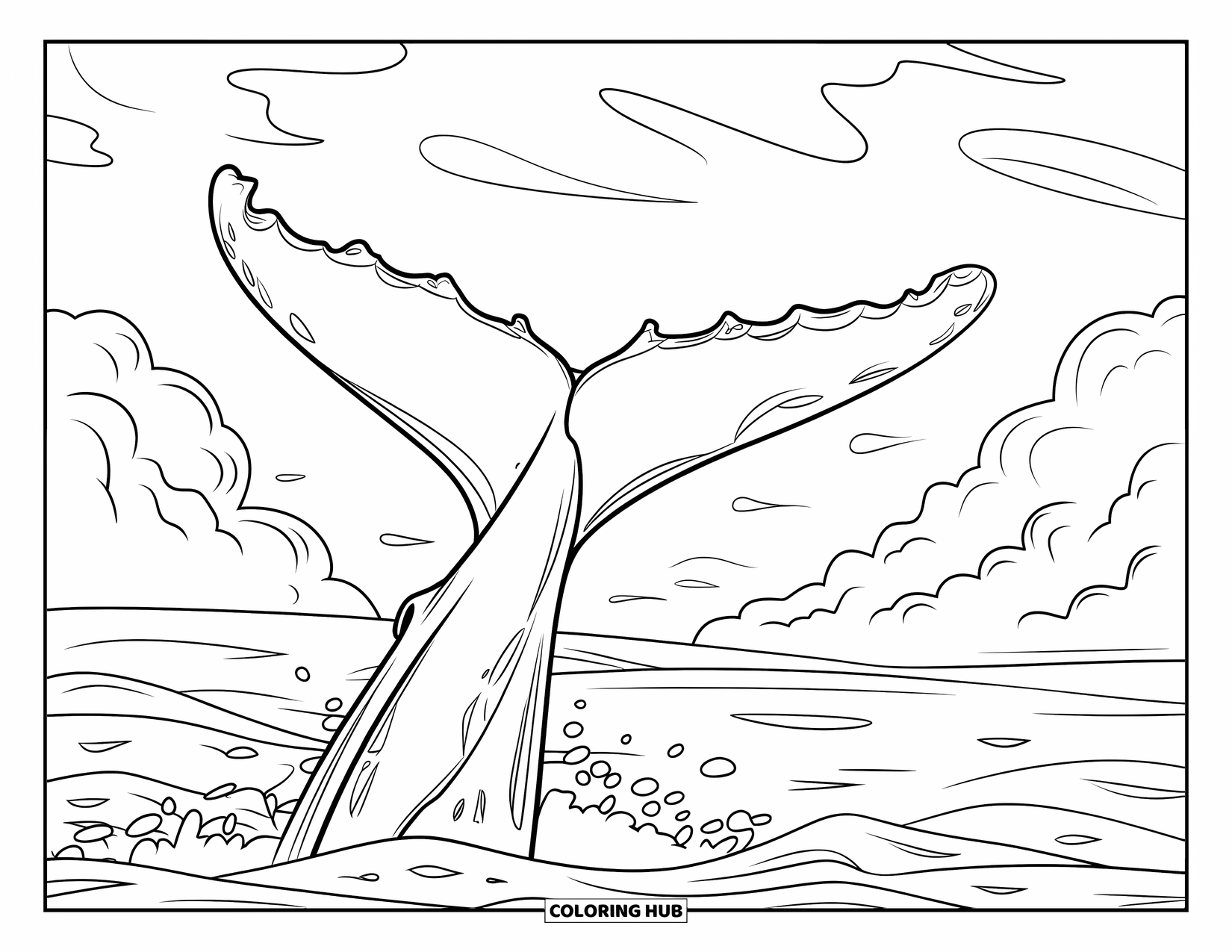 Whale Coloring Page for Kids: A powerful whale tail rises from the ocean, creating ripples beneath a cloudy sky