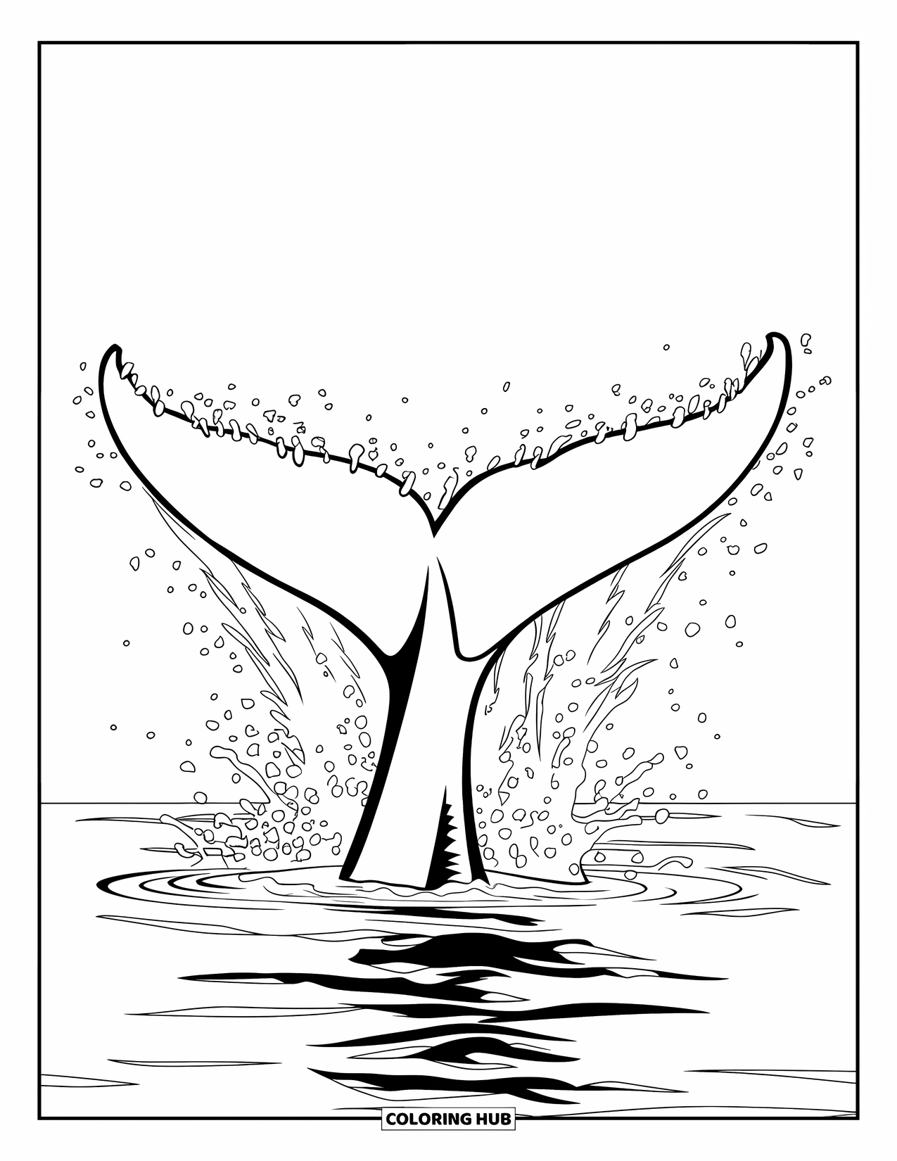 Whale Coloring Page for Kids: A powerful whale tail rises from the sea, sending a dramatic spray of water into the air