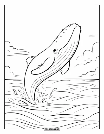 Coloriage de baleine pour enfants : Une baleine au corps rond saute haut, entourée de douces vagues sous un ciel avec des nuages ​​dérivants