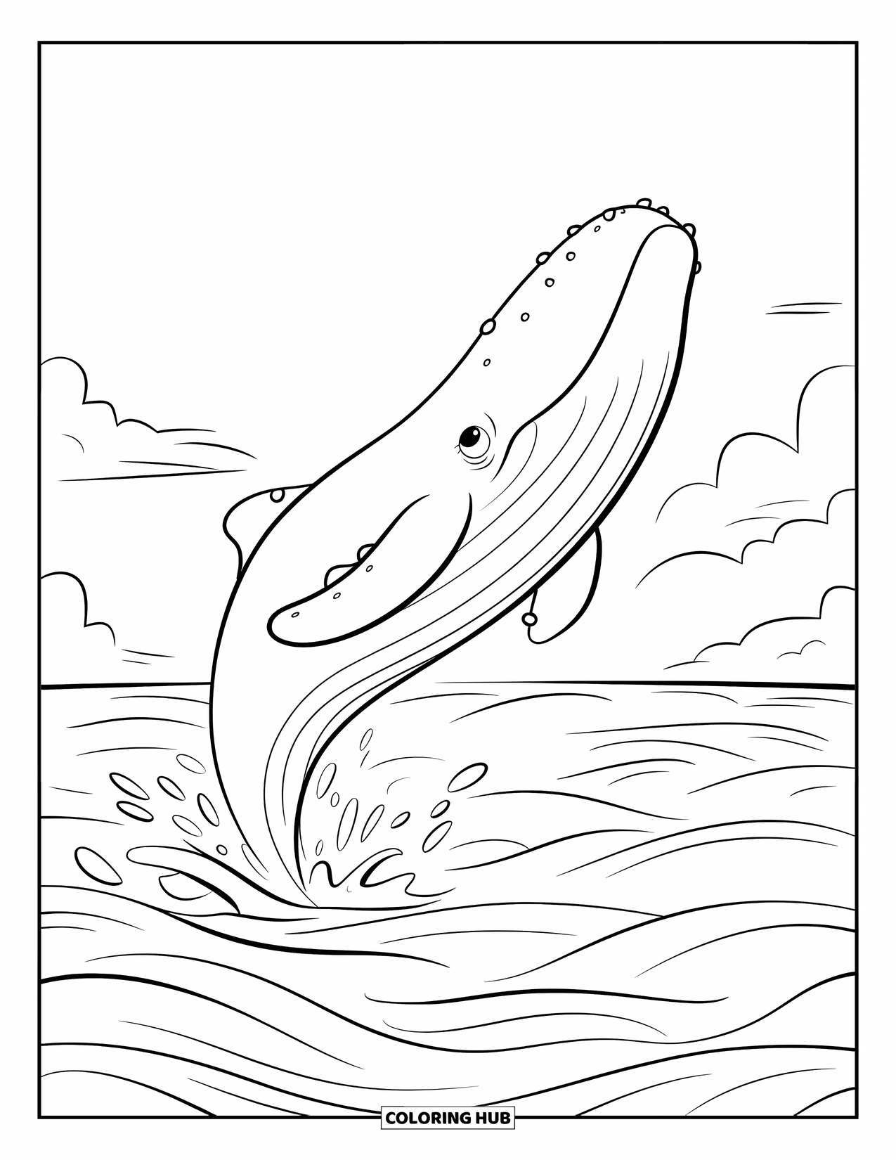 Whale Coloring Page for Kids: A round-bodied whale jumps high, surrounded by gentle waves under a sky with drifting clouds