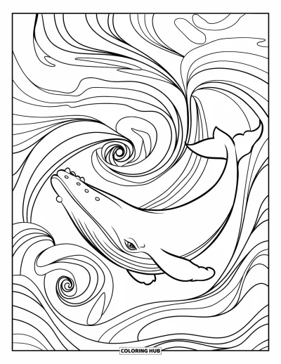 Coloriage de baleine pour enfants : Une baleine élancée nage dans des courants tourbillonnants, les vagues formant d'élégants motifs autour d'elle