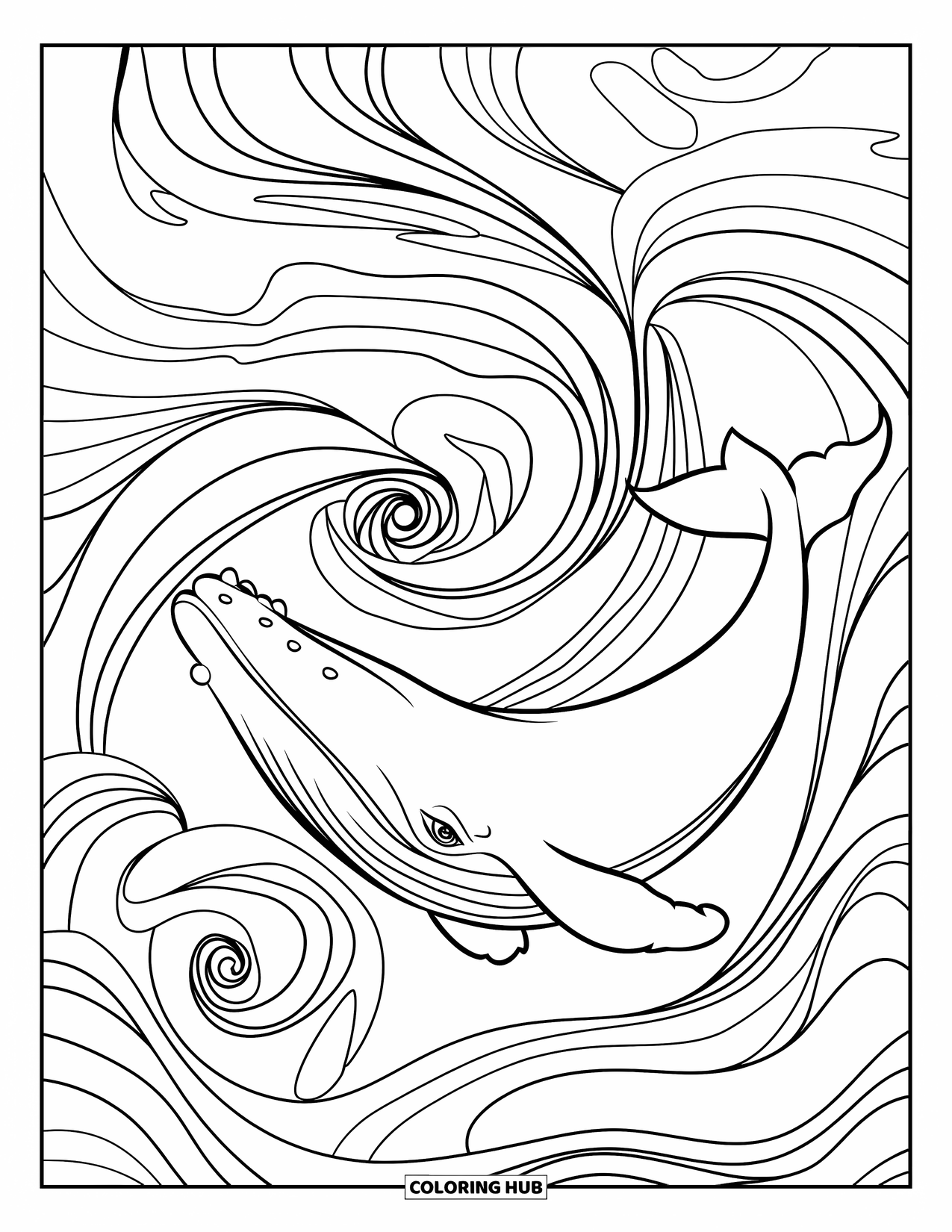 Whale Coloring Page for Kids: A sleek whale swims through spiraling currents, the waves forming intricate patterns around its body