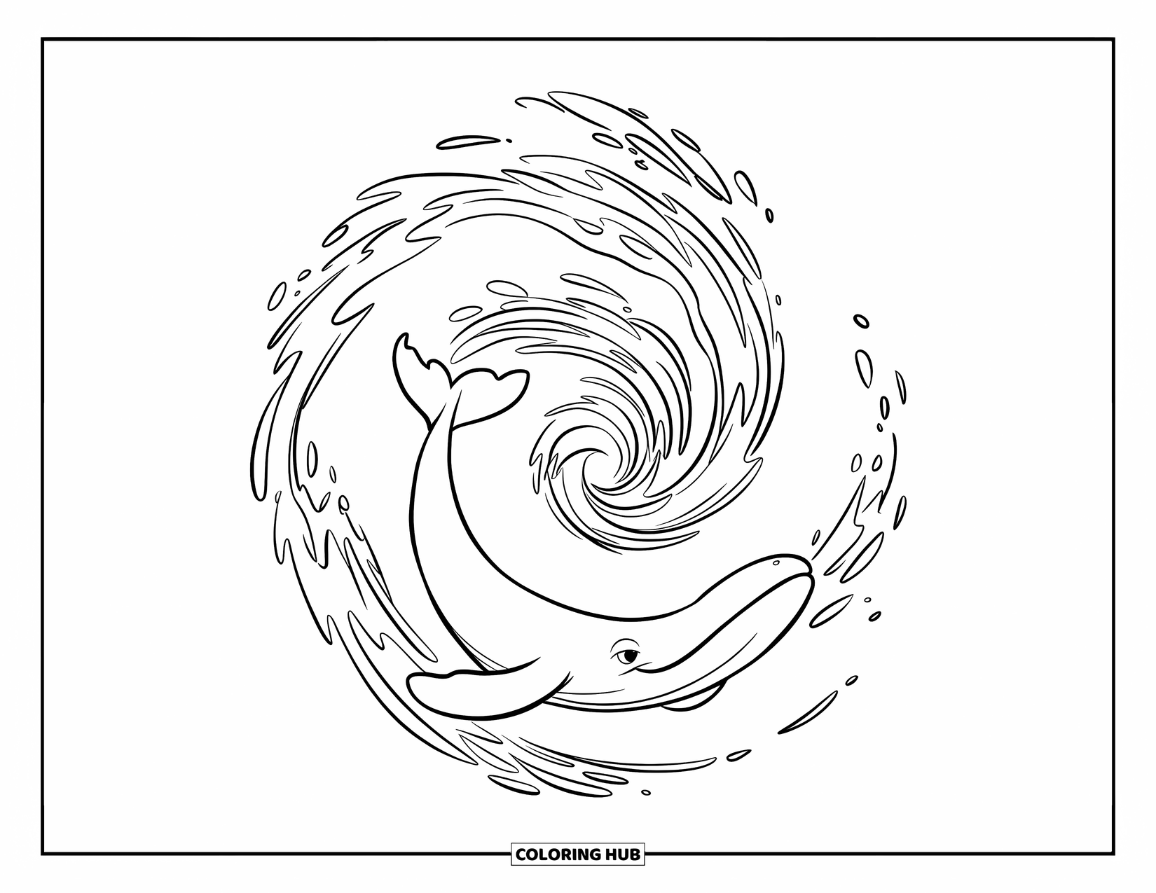 Whale Coloring Page for Kids: A small whale drifts in a spiraling current, its large mouth open in a peaceful expression