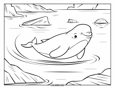 Coloriage de baleine pour enfants : Un béluga souriant nage paisiblement dans les eaux arctiques, de petits icebergs flottant doucement en arrière-plan