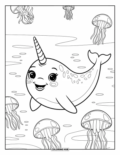 Coloriage de baleine pour enfants : Un narval souriant avec une longue corne nage joyeusement parmi les méduses dérivantes dans l'océan