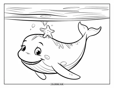 Coloriage de baleine pour enfants : Une baleine souriante flotte paisiblement, avec une petite étoile de mer reposant sur son dos