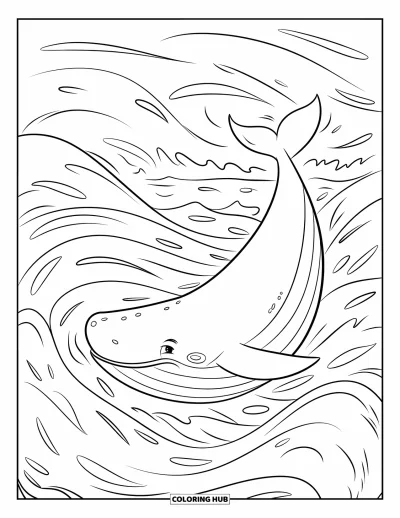 Coloriage de baleine pour enfants : Une baleine souriante se déplace dans la mer, entourée de vagues gracieuses et de courants d'eau fluides
