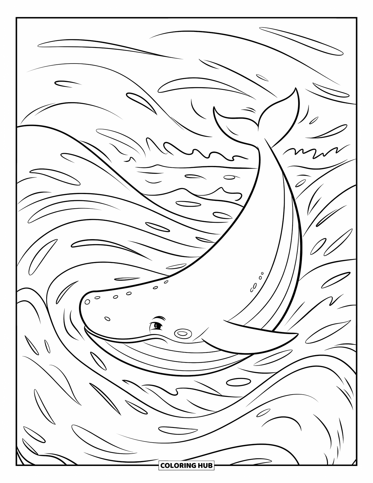 Whale Coloring Page for Kids: A smiling whale moves through the sea, surrounded by graceful waves and flowing water currents