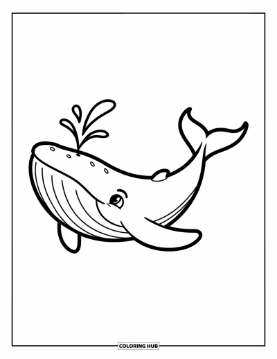Coloriage de baleine pour enfants : Une baleine souriante libère un jet d'eau ludique, des ondulations se formant autour d'elle