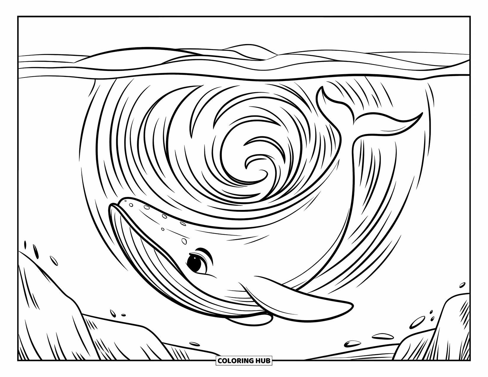 Whale Coloring Page for Kids: A whale floats in the ocean as spiraling waves dance around its sleek body