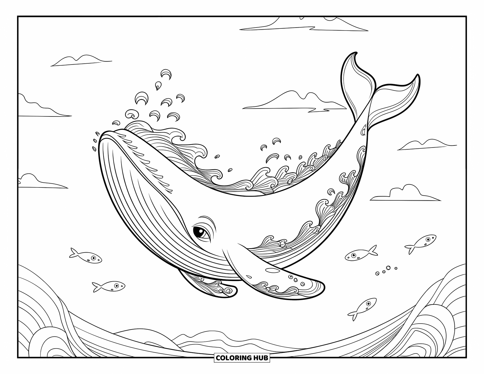 Whale Coloring Page for Kids: A whale glides through the sea, surrounded by playful fish and gentle ocean waves