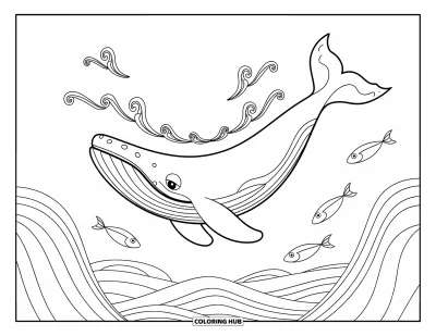 Coloriage de baleine pour enfants : Une baleine se déplace gracieusement à travers les vagues, avec des poissons nageant à proximité en pleine mer