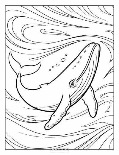 Coloriage de baleine pour enfants : Une baleine nage dans l'océan, encerclée par d'élégantes vagues tourbillonnantes et des motifs d'eau dynamiques