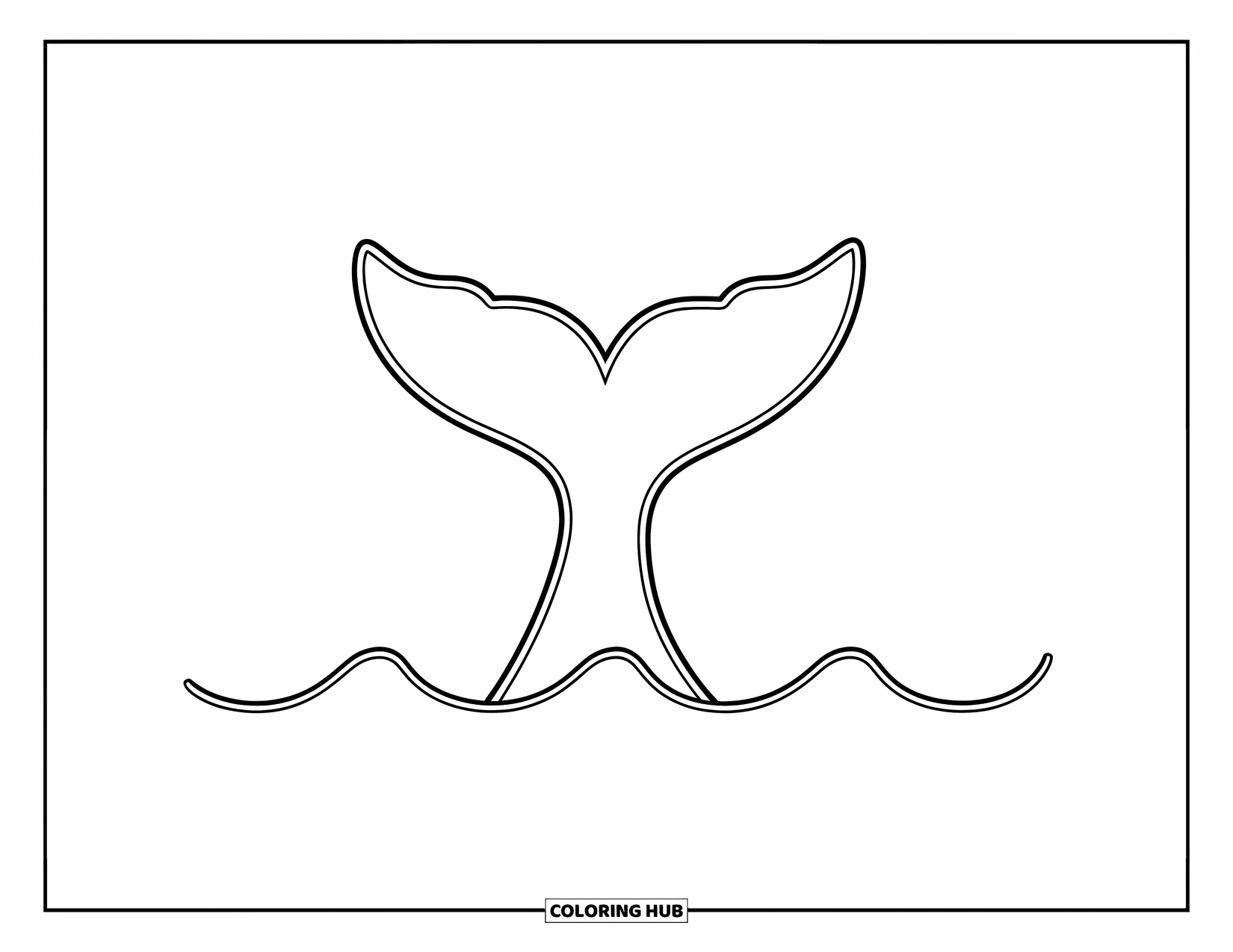 Whale Coloring Page for Kids: A whale tail emerges from the ocean, surrounded by gentle waves and rippling water