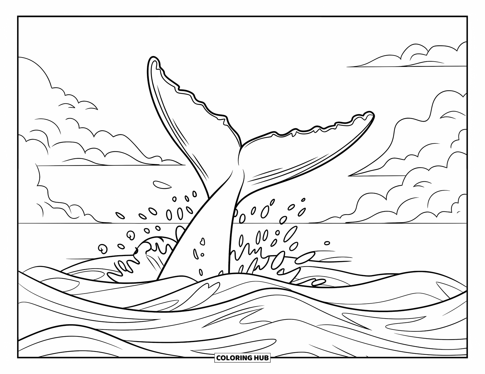 Whale Coloring Page for Kids: A whale tail flips dramatically in the ocean, with rippling waves and soft clouds behind it