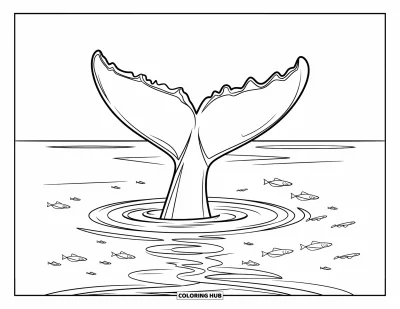 Coloriage de baleine pour enfants : Une queue de baleine s'élève gracieusement au-dessus de la mer, avec de douces vagues et de petits poissons nageant en dessous