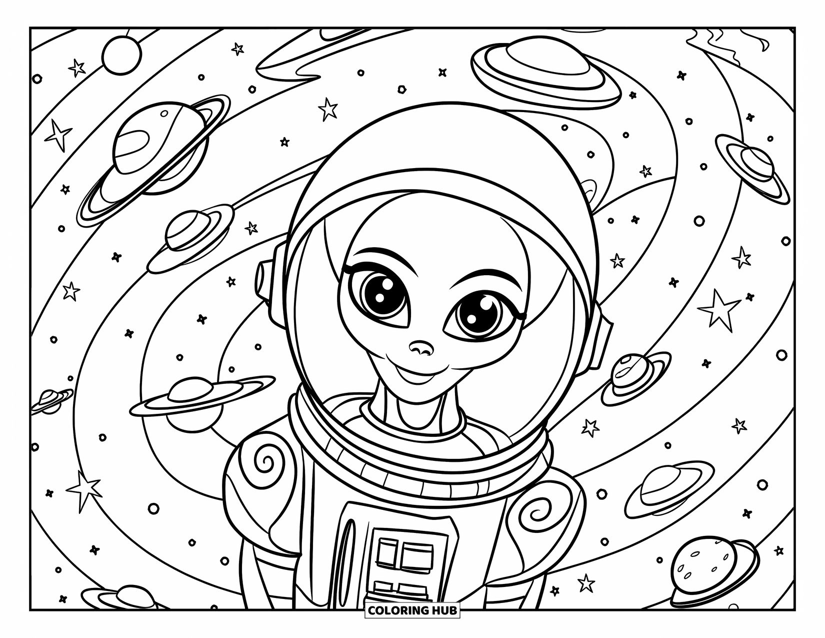 Desenho de alienígena para colorir para adultos: Um alienígena calmo senta-se entre plantas espaciais giratórias sob um céu estrelado