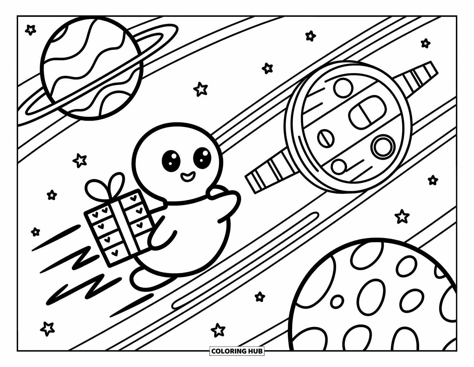 Desenho de alienígena para colorir para adultos: Um alienígena alegre jorra por rastros de estrelas carregando um presente em direção a uma estação postal aconchegante