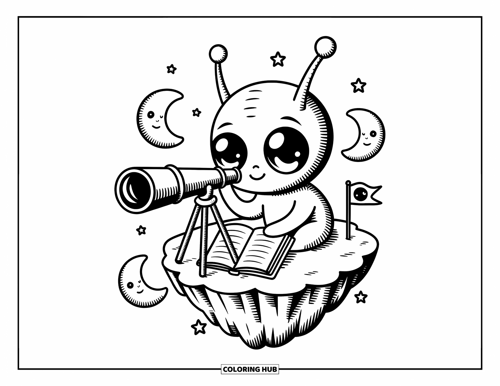 Desenho de alienígena para colorir para adultos: Um alienígena curioso traça estrelas com um telescópio cercado por almofadas lunares flutuantes