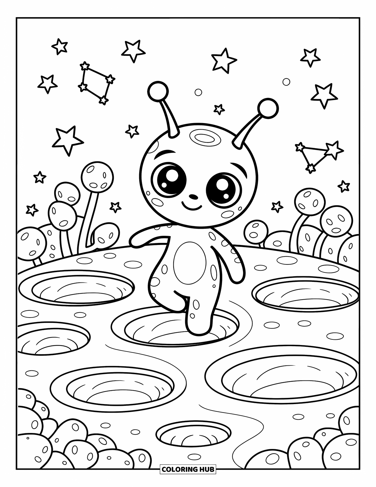 Desenho de alienígena para colorir para adultos: Um alienígena curioso vagueia por playgrounds de crateras sob estrelas cintilantes e plantas gelatinosas