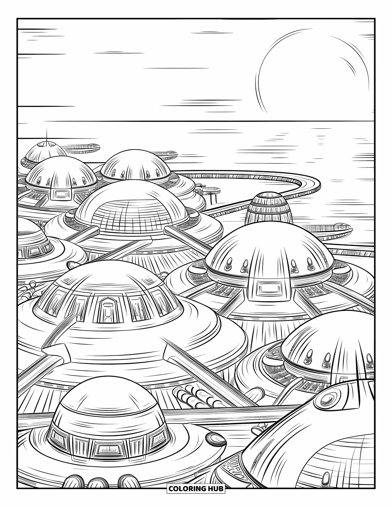 Desenho de alienígena para colorir para adultos: Uma cidade alienígena sonhadora à beira-mar com cúpulas e um céu de pôr do sol brilhante