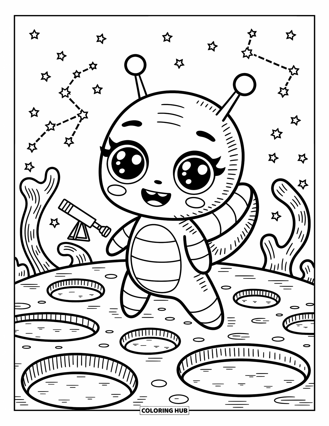 Desenho de alienígena para colorir para adultos: Um alienígena alegre explora playgrounds de crateras enquanto plantas gelatinosas saltam por toda parte