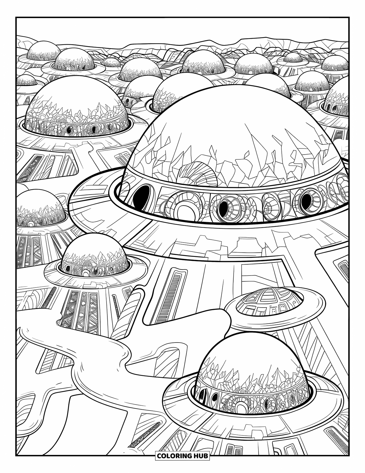 Desenho de alienígena para colorir para adultos: Uma cidade alienígena pacífica com edifícios detalhados e caminhos flutuando no céu