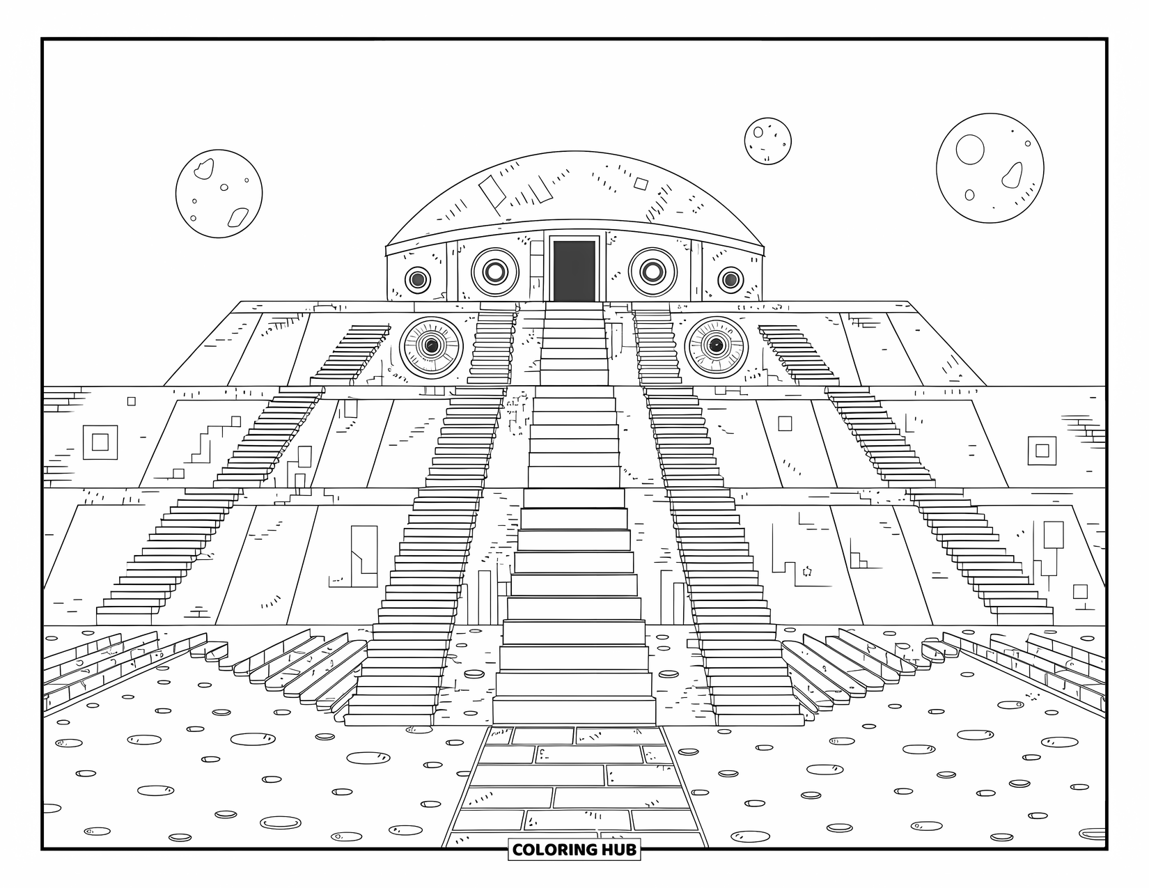Desenho de alienígena para colorir para adultos: Um templo alienígena pacífico com escadarias, luas e símbolos misteriosos por toda parte