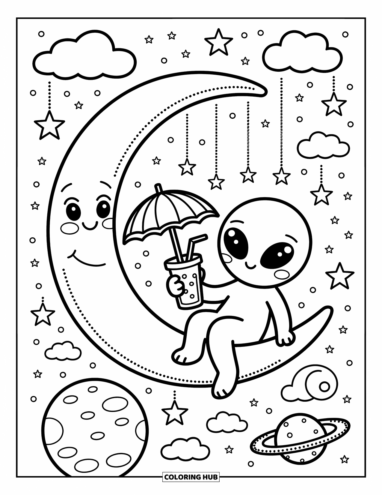 Desenho de alienígena para colorir para adultos: Um alienígena relaxante bebe um drinque em uma rede lunar sob estrelas penduradas