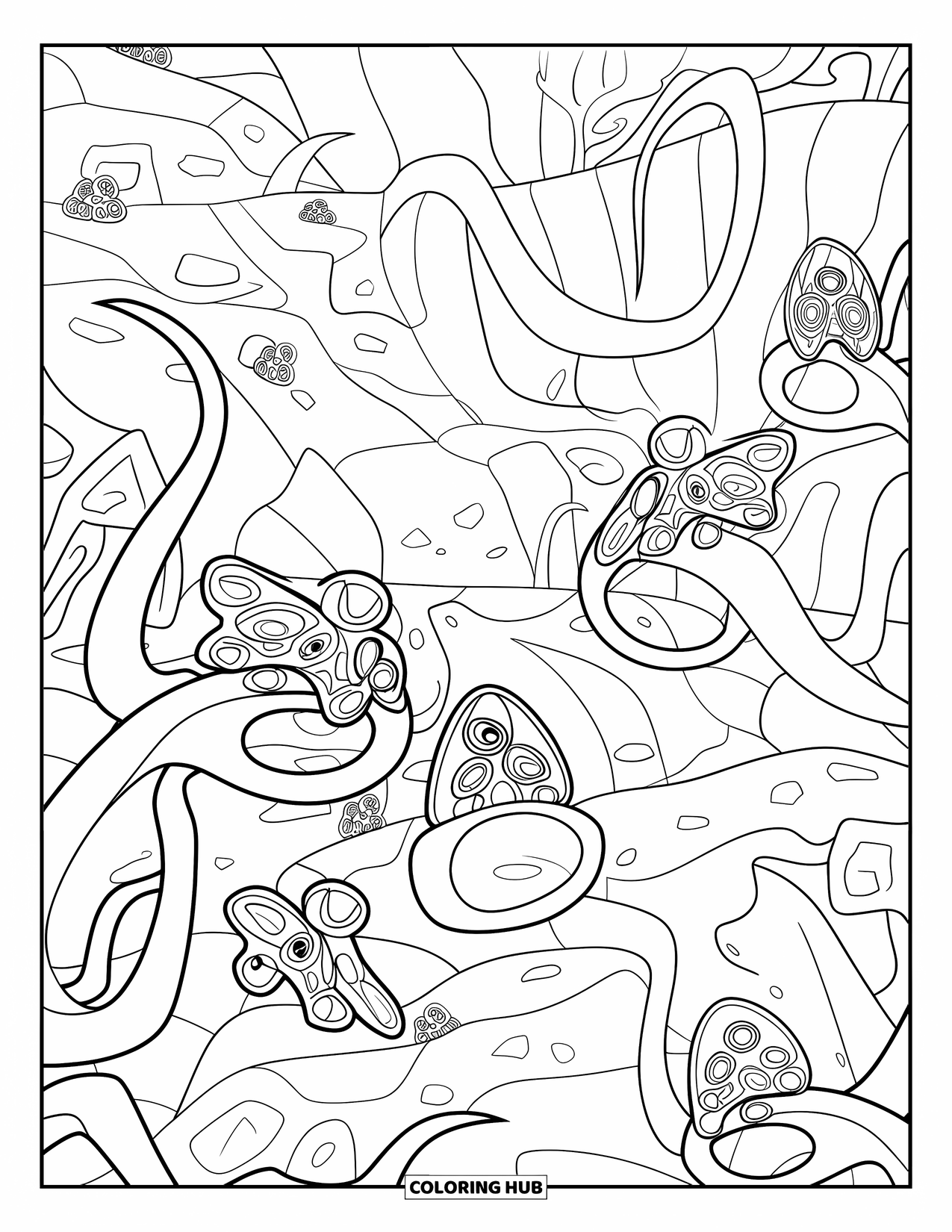 Desenho de alienígena para colorir para adultos: Plantas alienígenas com espinhos e insetos com muitos olhos em um jardim rochoso