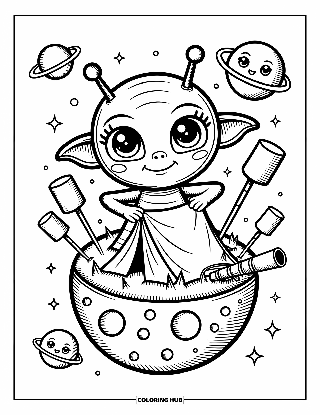 Desenho de alienígena para colorir para adultos: Um alienígena constrói uma barraca aconchegante enquanto marshmallows e planetas sorridentes flutuam por perto