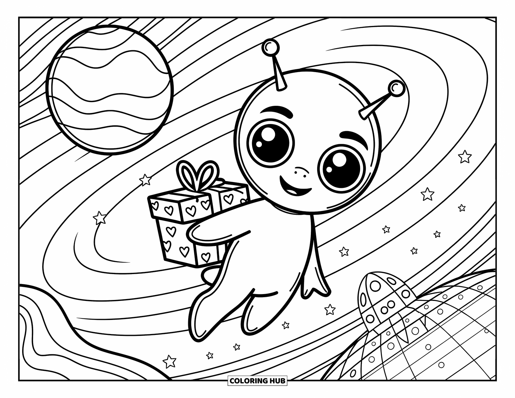 Desenho de alienígena para colorir para adultos: Um alienígena flutua com uma caixa de presente perto de uma estação espacial brilhante e um planeta sonhador