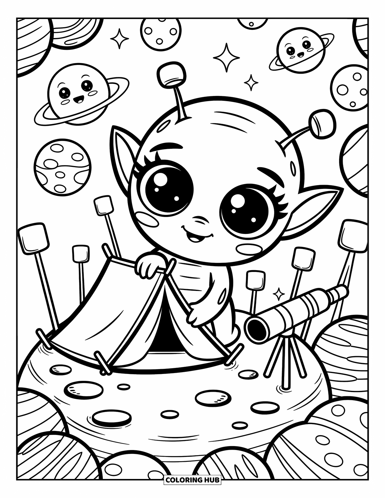 Desenho de alienígena para colorir para adultos: Um alienígena monta acampamento em uma lua, cercado por estrelas e planetas alegres