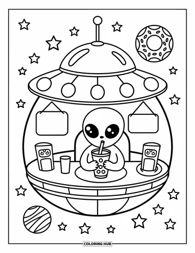 Űrlény kifestő felnőtteknek: Egy űrlény bubble teát szürcsöl egy hangulatos UFO-ban egy fánk alakú bolygó közelében