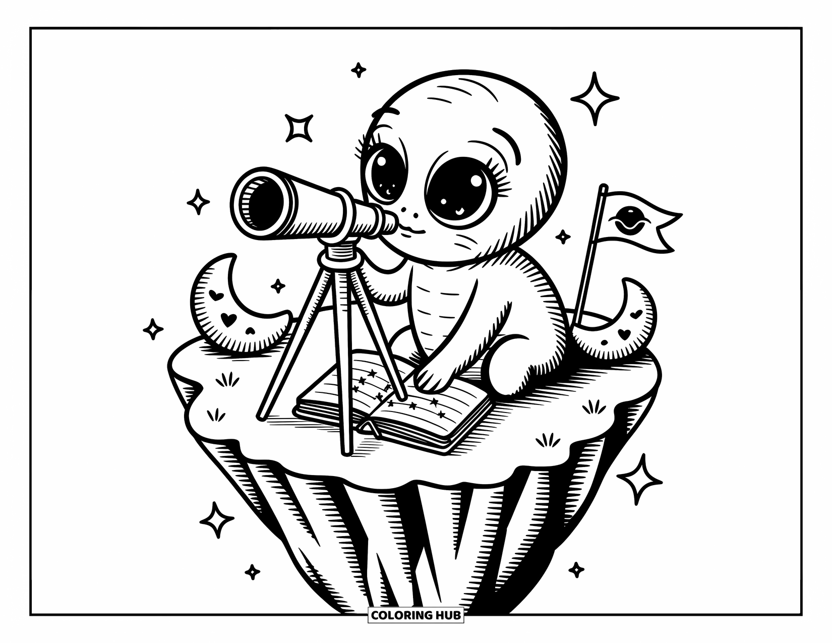 Desenho de alienígena para colorir para adultos: Um alienígena estuda constelações com um telescópio em um penhasco flutuante com almofadas lunares