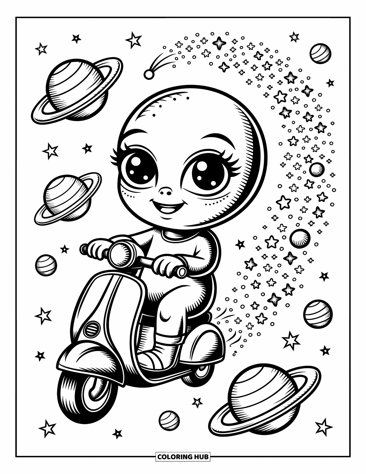 Desenho de alienígena para colorir para adultos: Um alienígena passa por planetas de doces em uma scooter, deixando estrelas cintilantes para trás
