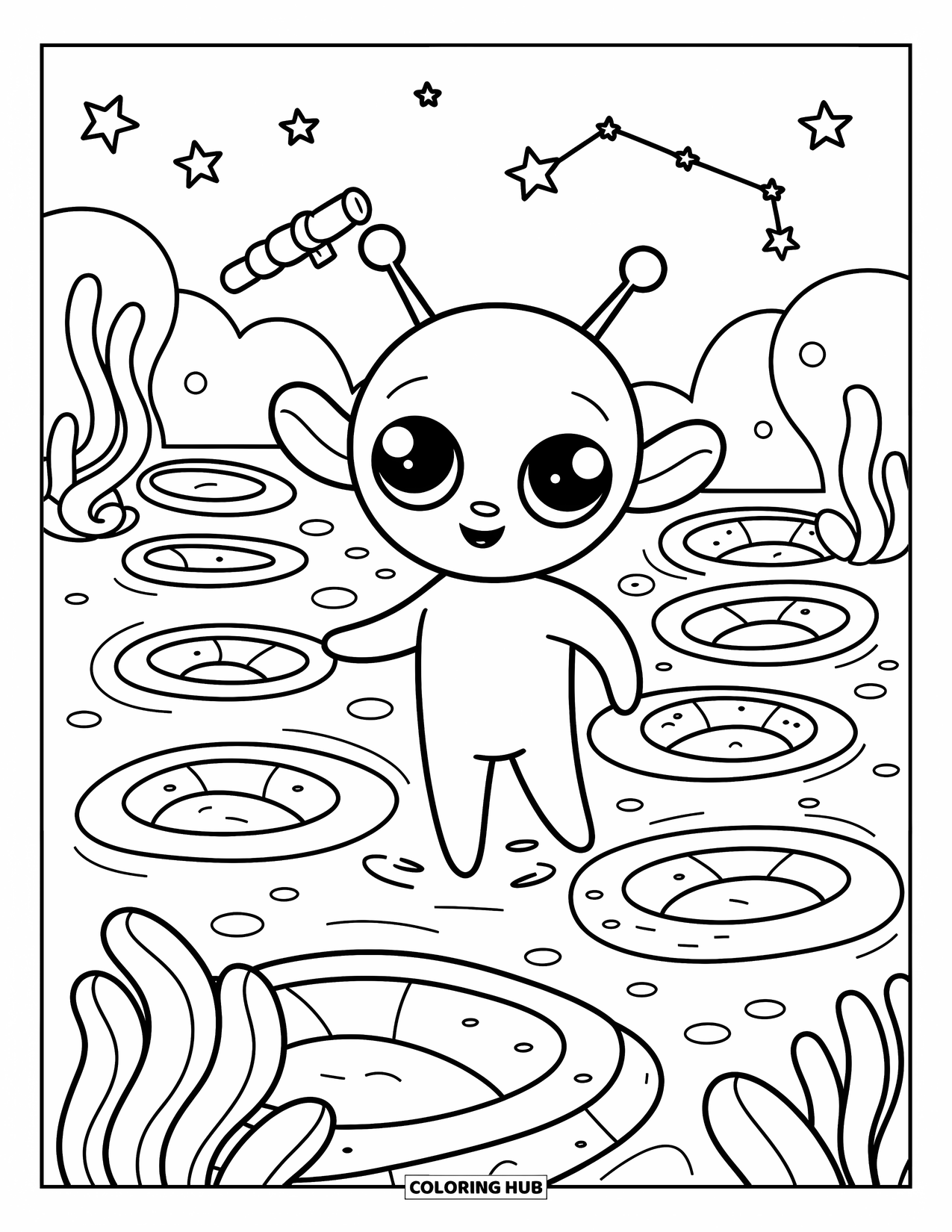 Desenho de alienígena para colorir para adultos: Um alienígena animado brinca perto de plantas gelatinosas com um telescópio apontando para as estrelas