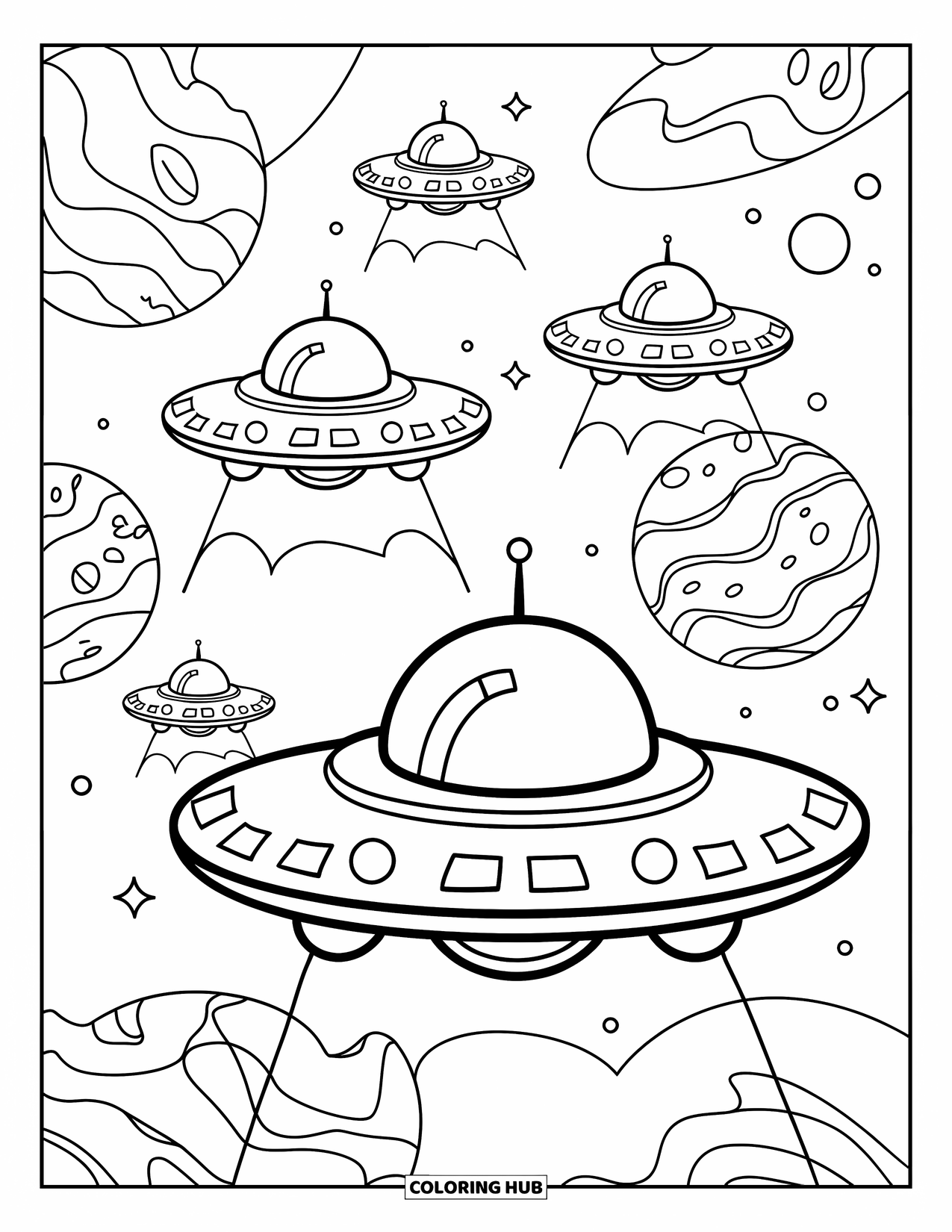 Desenho de alienígena para colorir para adultos: Vários OVNIs pairam sobre planetas estranhos com luas e estrelas no céu