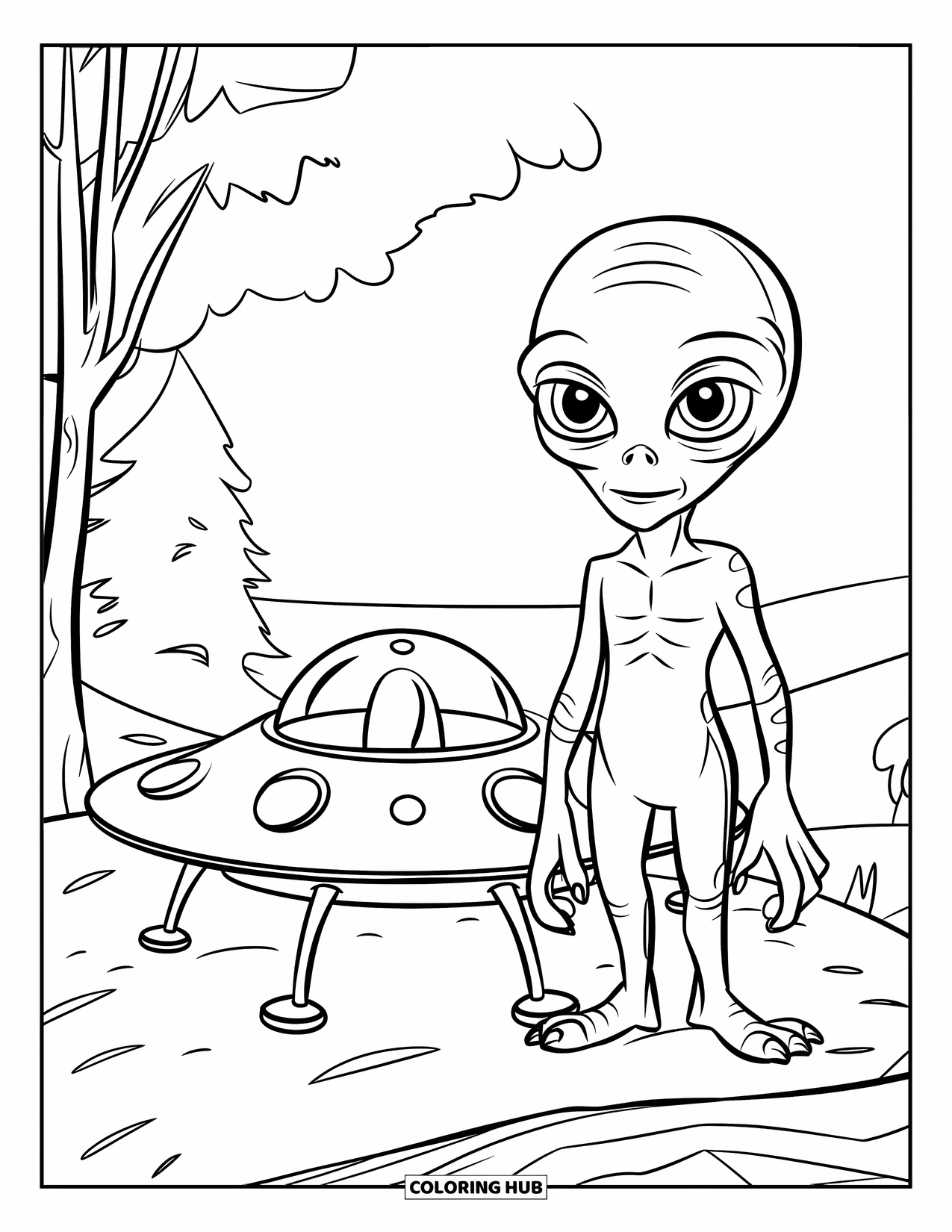 Desenho de alienígena para colorir para crianças: Alienígena e pequeno OVNI em forma de disco descansam em uma colina perto de árvores
