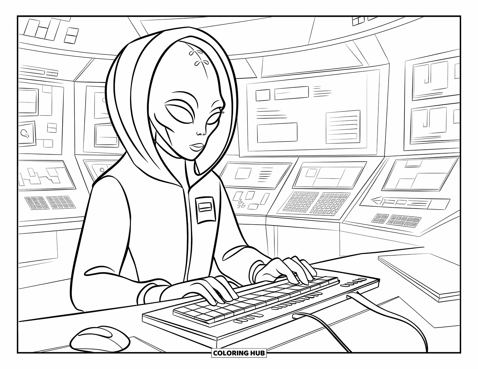 Desenho de alienígena para colorir para crianças: Alienígena em uma mesa de controle com telas flutuantes e equipamentos futuristas