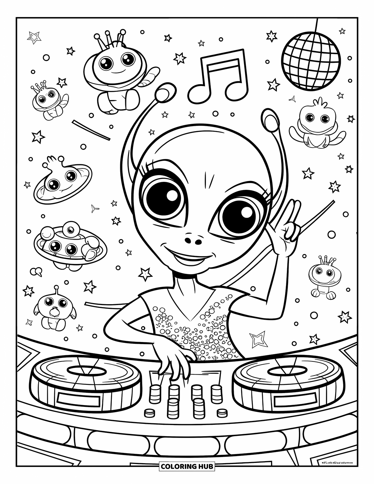 Desenho de alienígena para colorir para crianças: DJ alienígena em brilhos toca música enquanto alienígenas dançam sob uma bola de discoteca