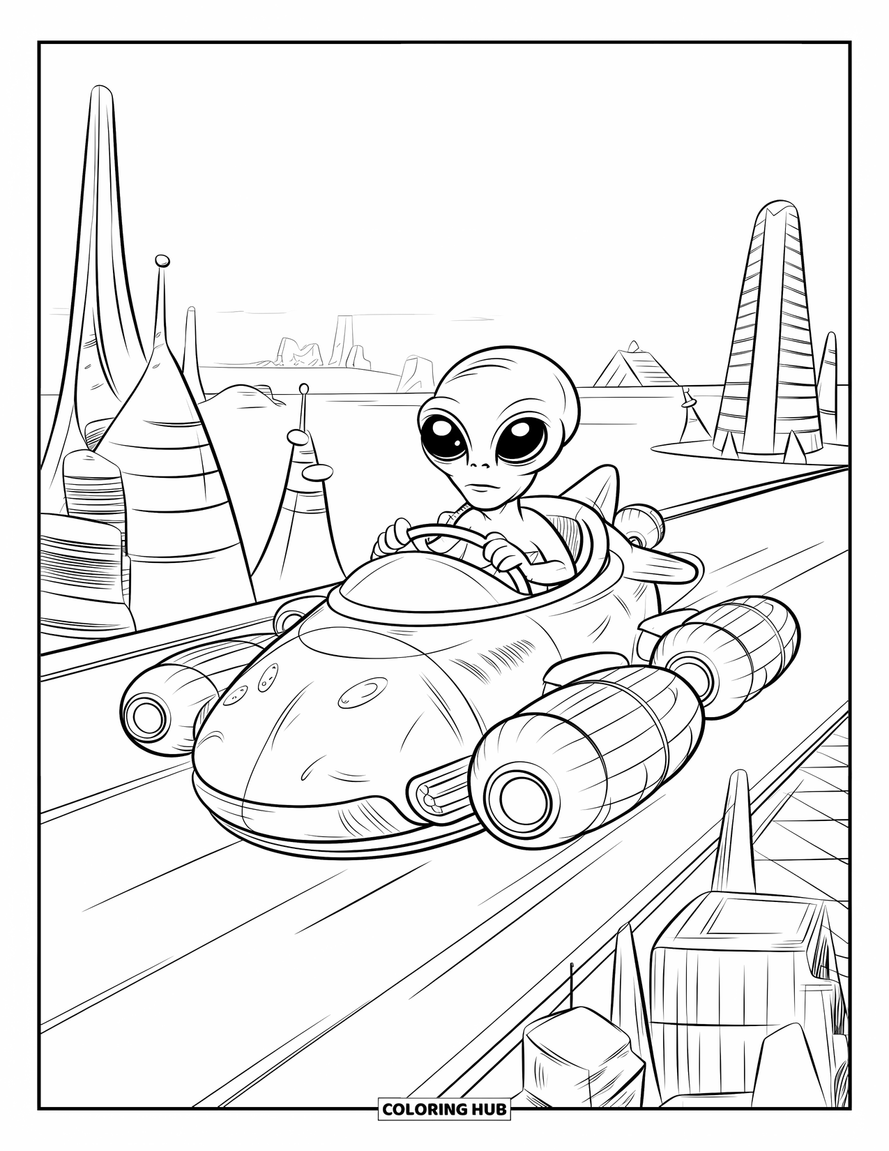 Desenho de alienígena para colorir para crianças: Alienígena em um carro voador acelera por arranha-céus selvagens e curvilíneos no espaço