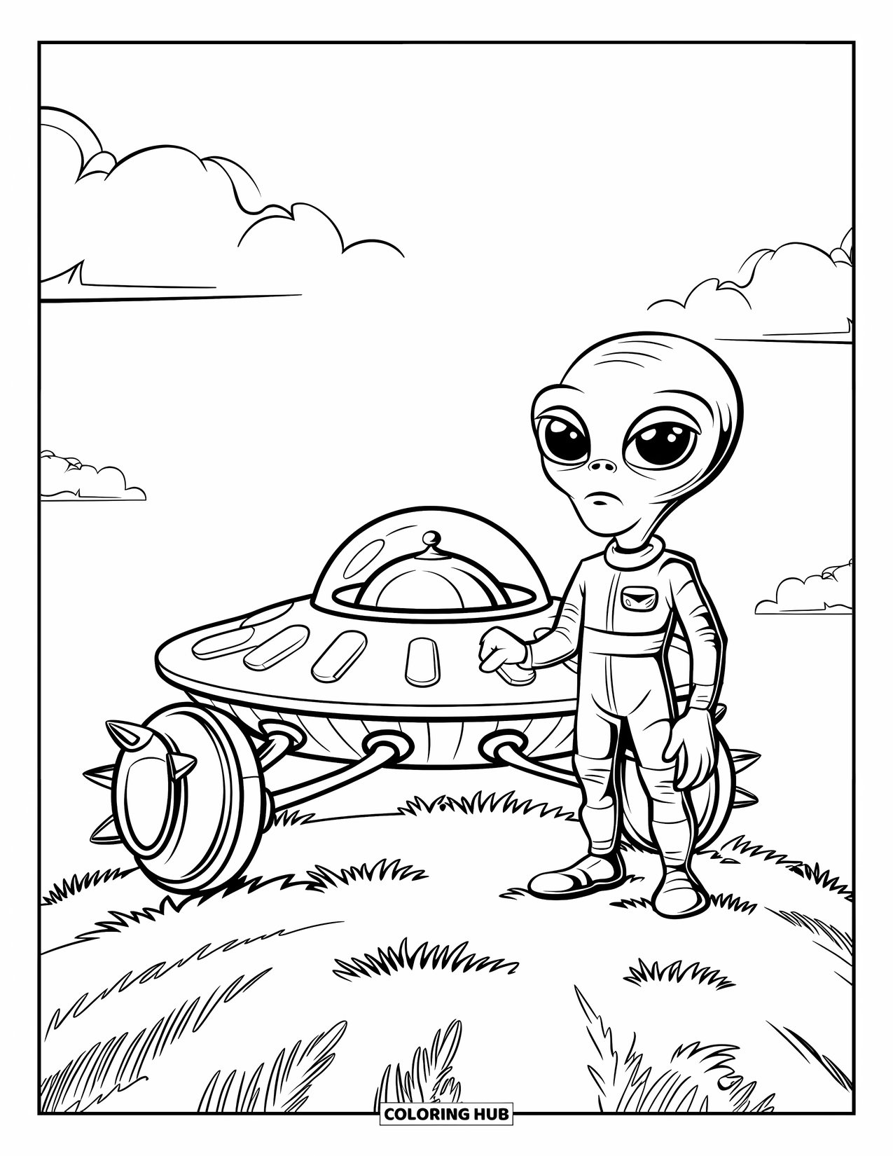 Desenho de alienígena para colorir para crianças: Alienígena em um traje espacial está ao lado de um OVNI com rodas pontiagudas sob céus nublados