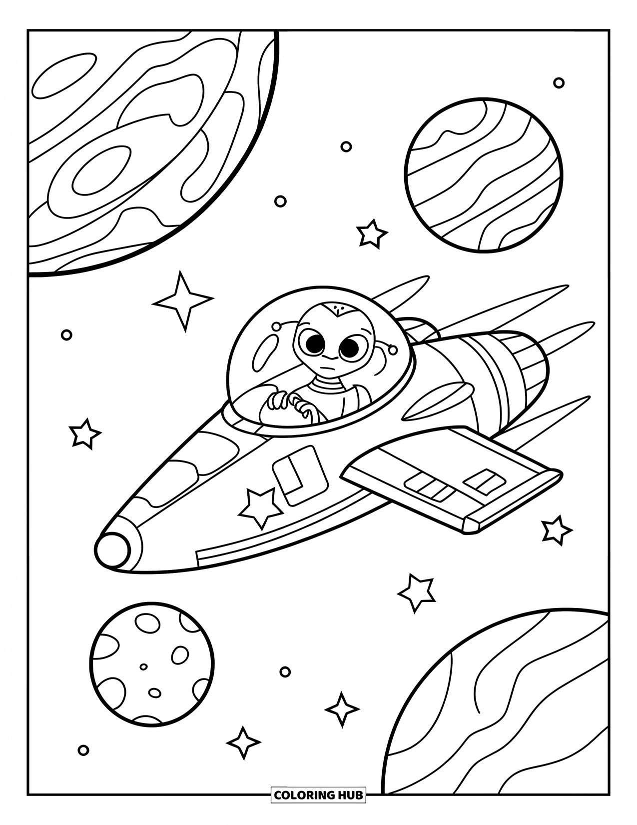Desenho de alienígena para colorir para crianças: Piloto alienígena anda em uma nave espacial através do espaço pontilhado com planetas e estrelas