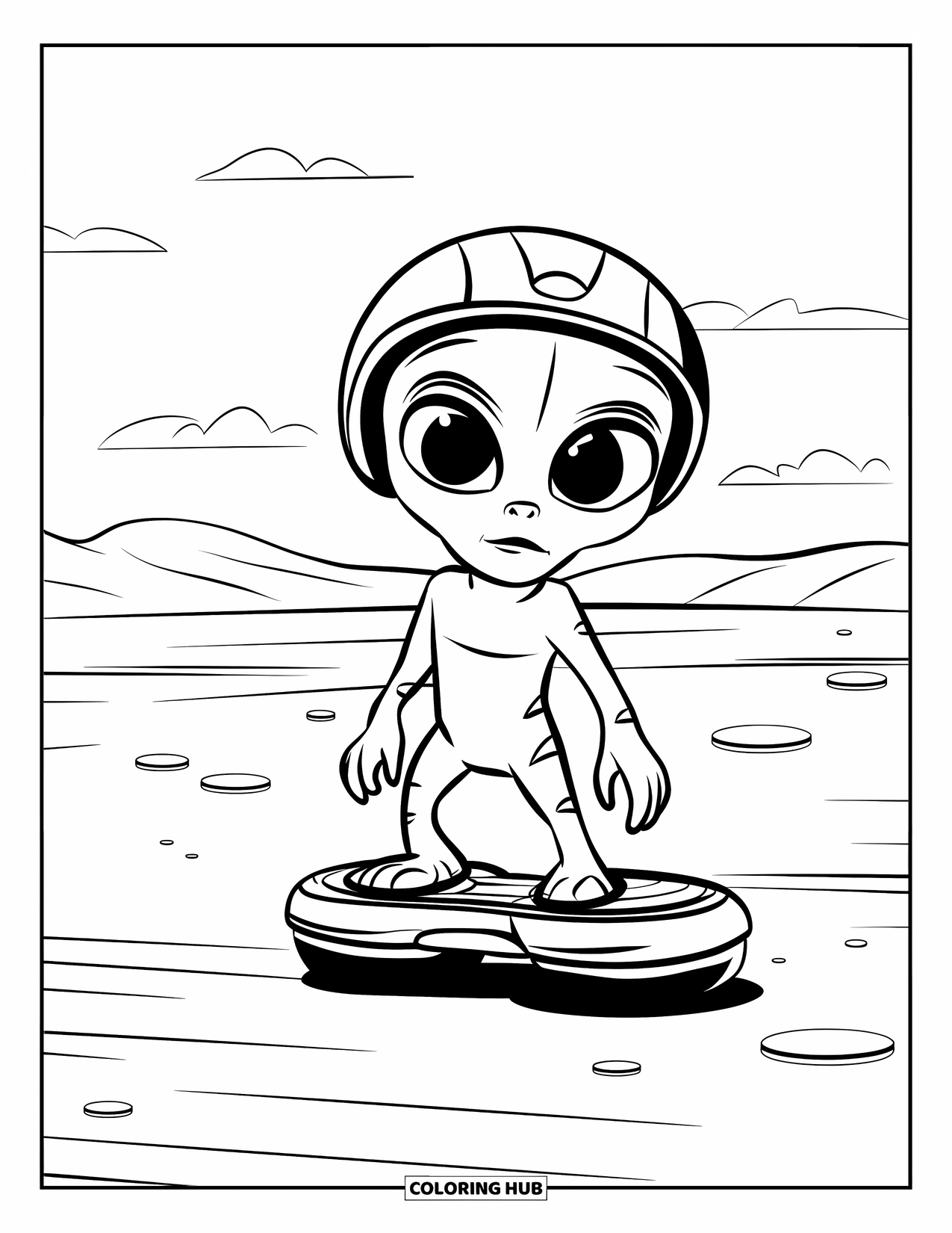 Desenho de alienígena para colorir para crianças: Alienígena anda de hoverboard com uma alça em um terreno acidentado